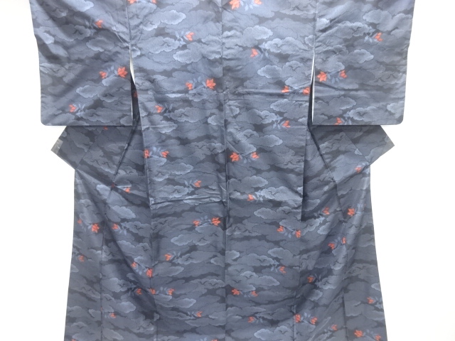 雲に花模様織り出し十日町紬着物